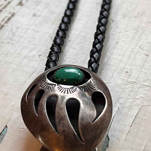 RARE Vintage Navajo Sterling Silver and Turquoise Black Leather Bear Paw Bolo Ti - Picture 9 of 10